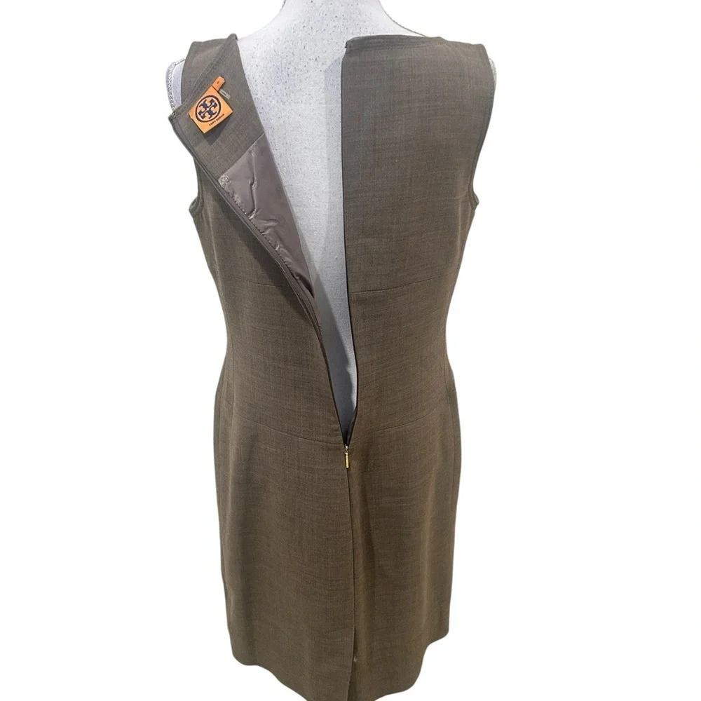 Tory Burch ola taupe Sleeveless shift Midi Dress wool blend gold logo accent 10